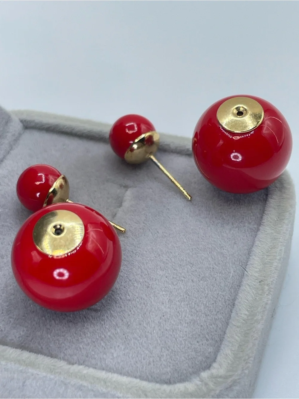 Vintage Red Acrylic Double Ball Stud Earrings Gold Tone Retro